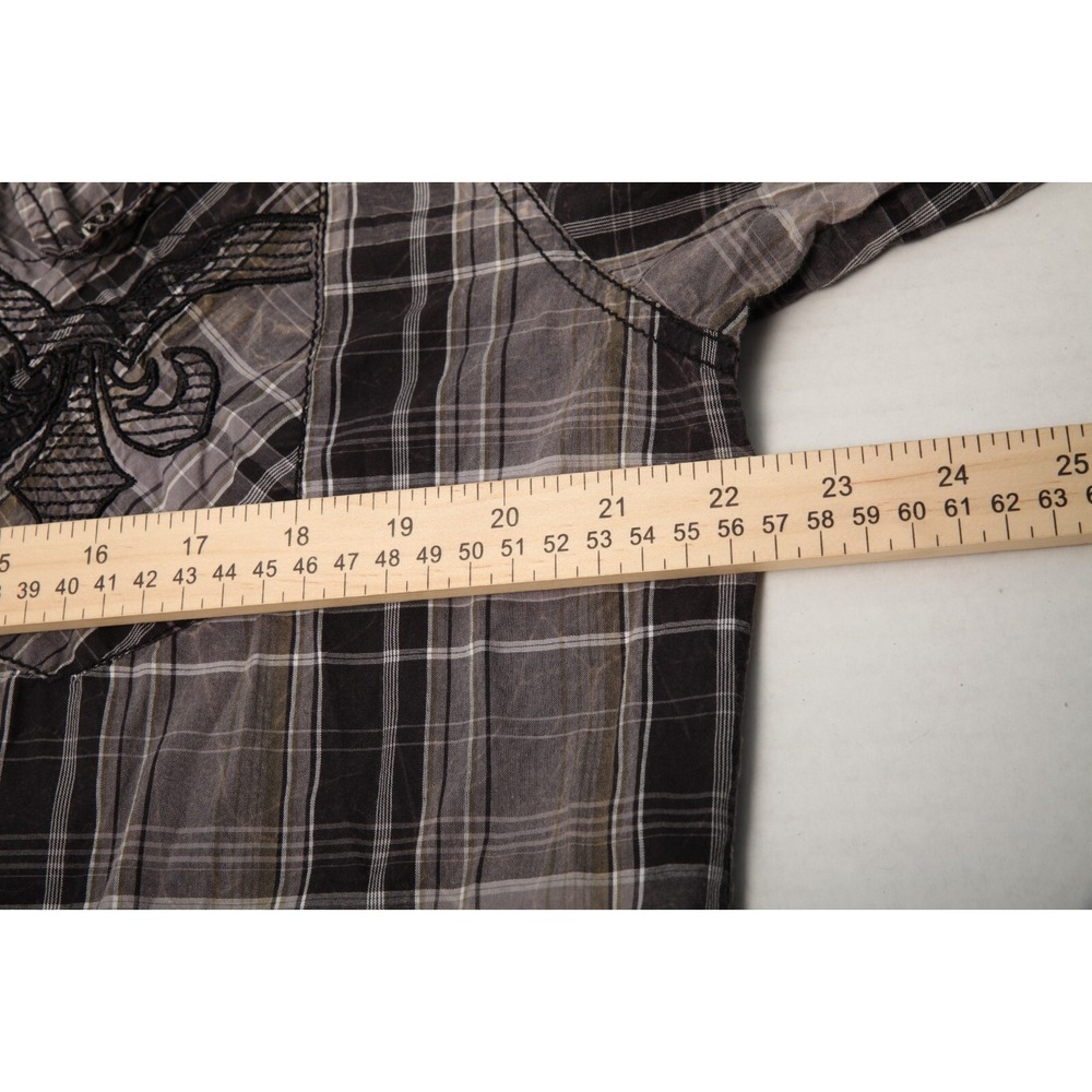 Affliction Shirt Mens Extra Large Gray Plaid Embroidered Skull Pockets * - Picture 9 of 12